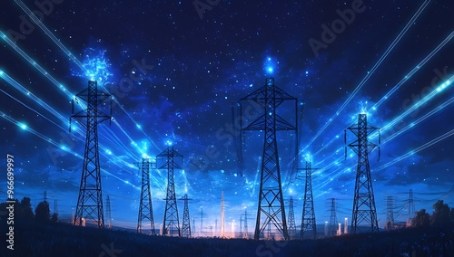 Power Transmission Lines with 3D Digital Visualization of Electricity. Fantastic Visuals of Night Sky Full of Bright Stars. Concept of Renewable Green Energy Powering Human Progress, 3D render.