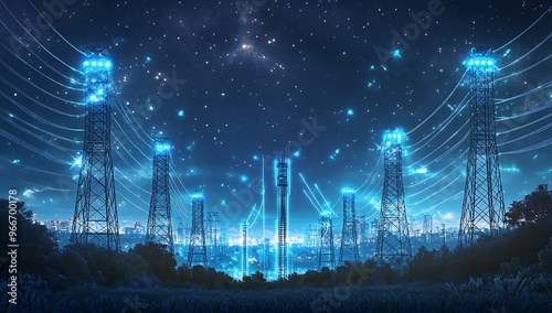 Power Transmission Lines with 3D Digital Visualization of Electricity. Fantastic Visuals of Night Sky Full of Bright Stars. Concept of Renewable Green Energy Powering Human Progress, 3D render.