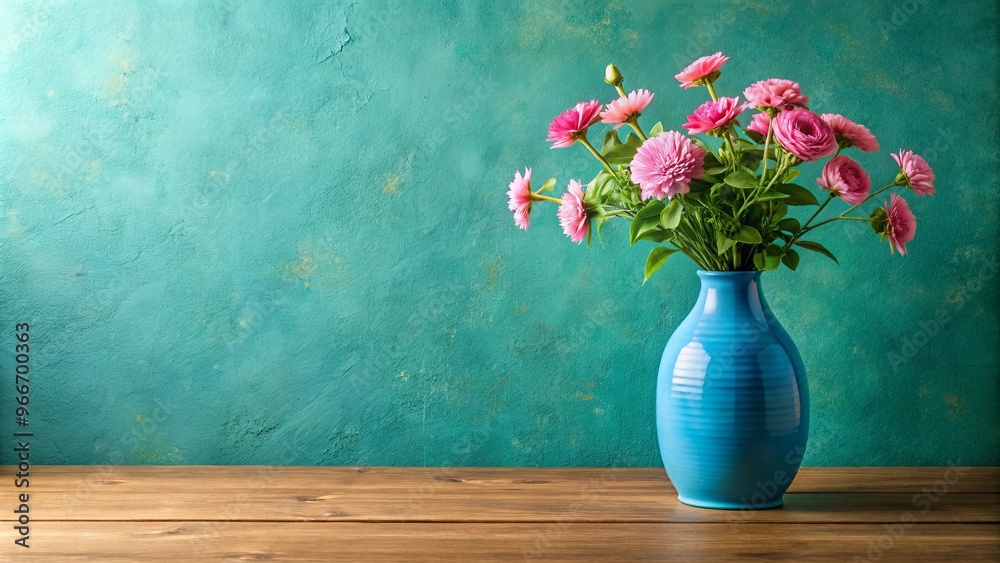 Blue vase with pink flowers on wooden table against blue and green wall with leafy plant Blue vase with pink flowers on wooden table against blue and green wall with leafy plant