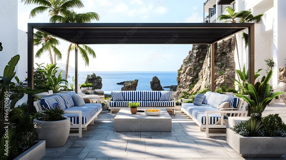 Modern Luxurious Villa with interior exterior balcony and garden. Architecture concept for Real estate. Ocean view. Modern Luxurious Villa with interior exterior balcony and garden. Architecture concept for Real estate. Ocean view.