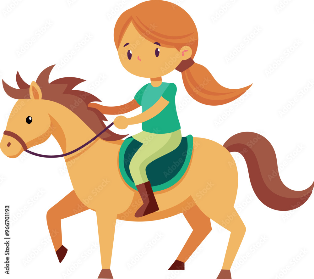 A girl is riding a horse. The horse is brown and has a white mane. The girl is wearing a green shirt and riding a pony A girl is riding a horse. The horse is brown and has a white mane. The girl is wearing a green shirt and riding a pony