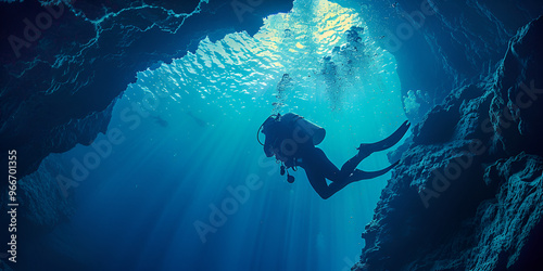 Scuba Diver Exploring Deep Underwater Cave