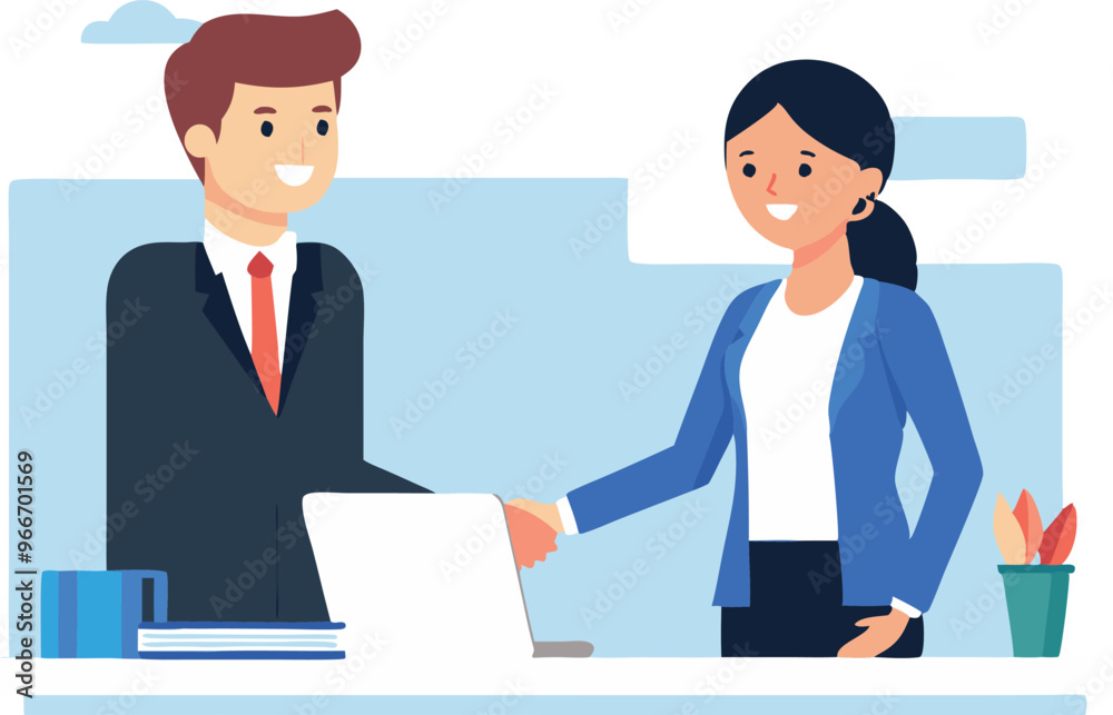 A man and a woman are shaking hands in a business setting. The man is wearing a suit and tie, while the woman is wearing a blue jacket. Concept of professionalism and formality A man and a woman are shaking hands in a business setting. The man is wearing a suit and tie, while the woman is wearing a blue jacket. Concept of professionalism and formality