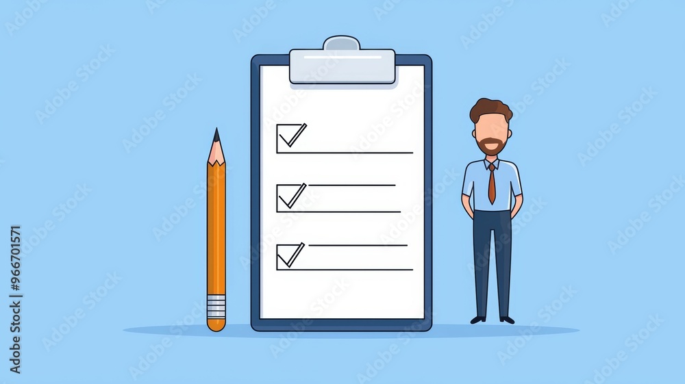 A man stands in front of a clipboard with a pencil on it A man stands in front of a clipboard with a pencil on it