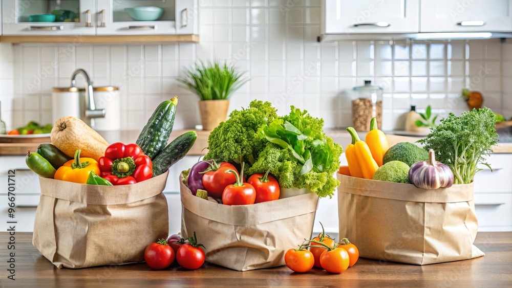 Assorted vegetables in three bags on kitchen counter, fresh produce Assorted vegetables in three bags on kitchen counter, fresh produce