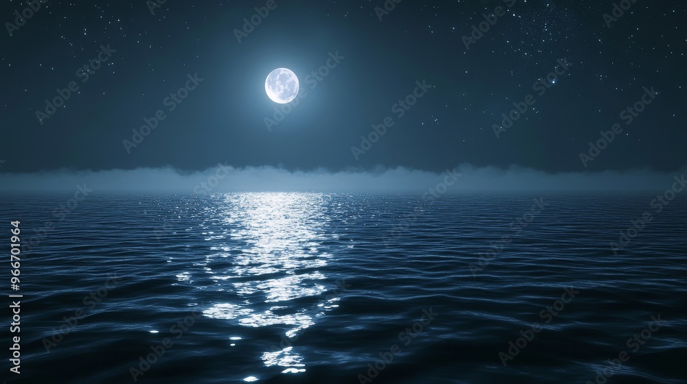 Fototapeta premium Full Moon Reflected on a Calm Sea at Night