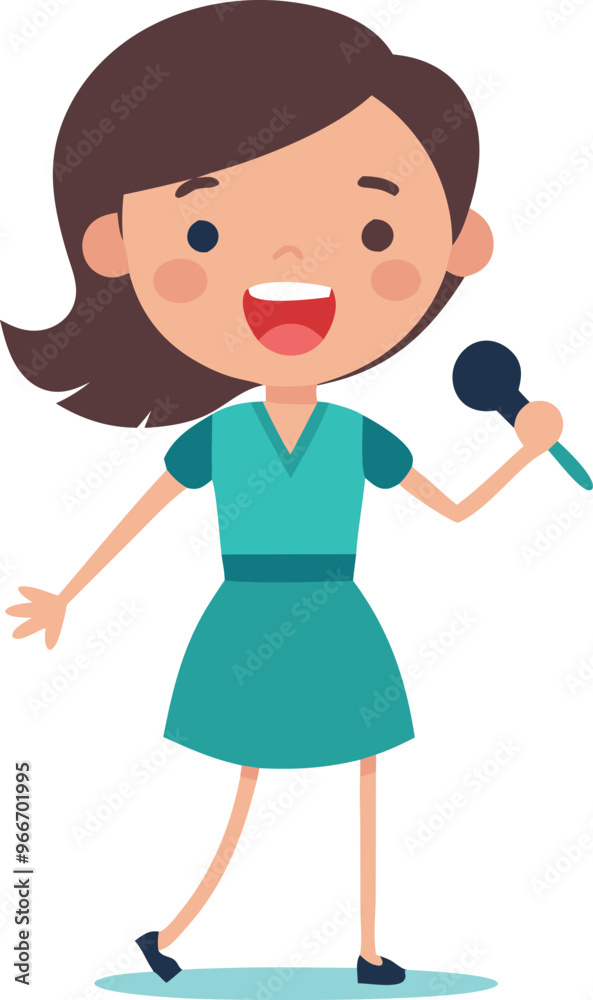 A girl is holding a microphone and smiling. She is dressed in a blue dress. Concept of joy and excitement A girl is holding a microphone and smiling. She is dressed in a blue dress. Concept of joy and excitement