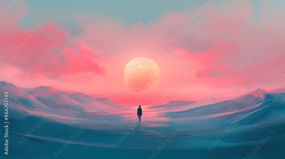 Solitary Figure Walking Towards a Giant Celestial Body in a Dreamlike Landscape Solitary Figure Walking Towards a Giant Celestial Body in a Dreamlike Landscape