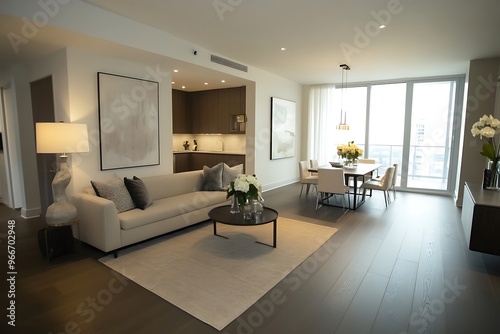 Modern living room with kitchen on a luxury home