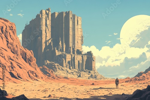 A lone figure stands before a massive, ancient, stone structure in a desolate, alien desert landscape. photo