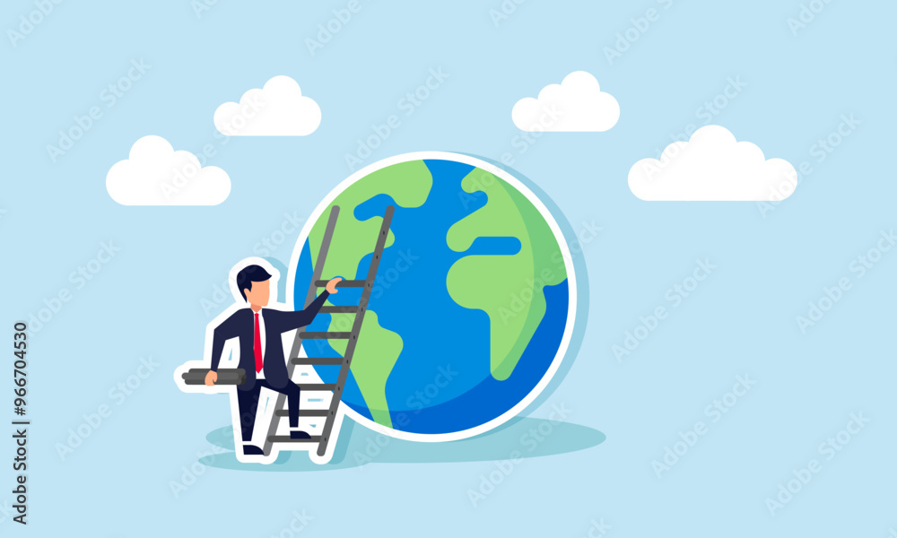 A businessman carrying a ladder rung to install on a ladder and climb a globe, illustration of Step by step in business to become the best in the world A businessman carrying a ladder rung to install on a ladder and climb a globe, illustration of Step by step in business to become the best in the world