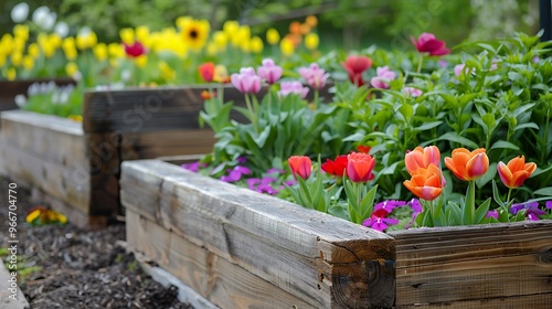 Spring annuals or perennials in raised cedar wooden garden beds photo