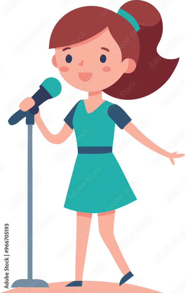 A girl is singing into a microphone. She is wearing a blue dress A girl is singing into a microphone. She is wearing a blue dress