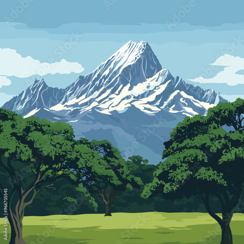 Majestic snow capped mountain landscape with green forest trees and clear blue sky in nature illustration