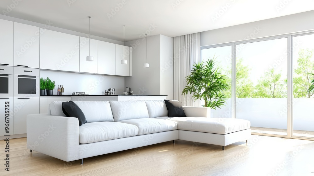 A large white couch sits in a spacious living room with a potted plant