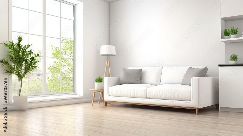 Fototapeta premium A white couch sits in a living room with a window in the background