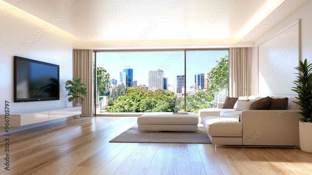 Fototapeta premium A large living room with a white couch and a television
