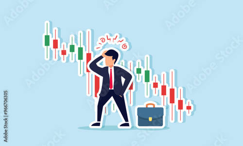 A businessman confused by the negative trend in the stock chart, illustration of Confusion in identifying factors causing the company's performance decline