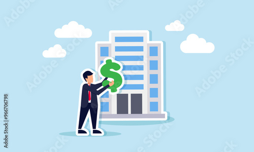A businessman holding a dollar in front of a company building, illustration of The valuation of a company or the revenue of a business
