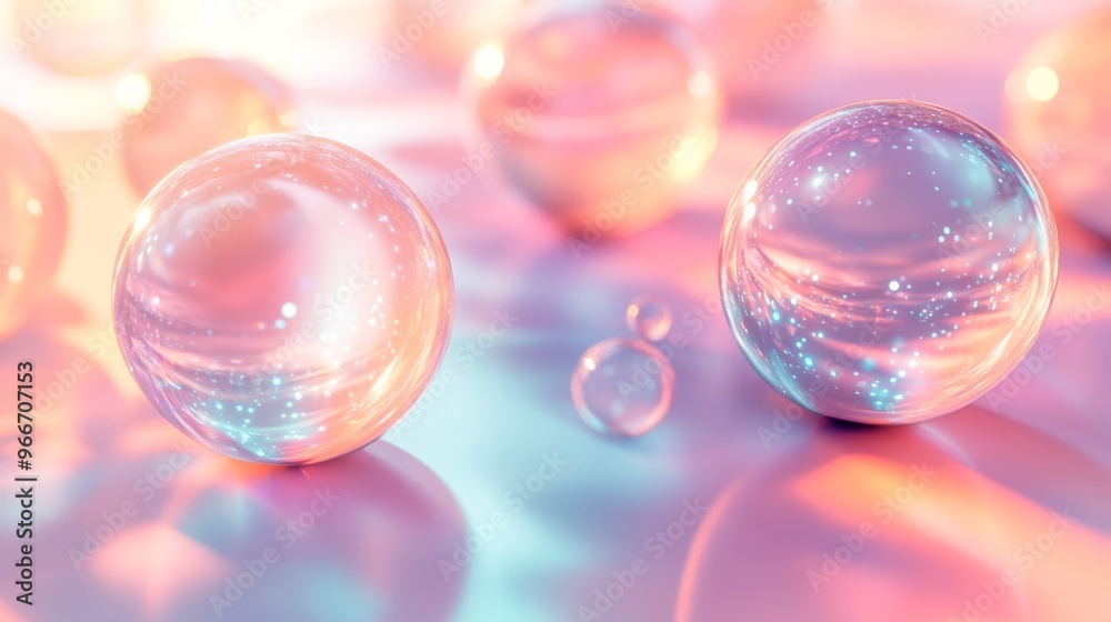 Iridescent Spheres Reflecting Light on a Pink and Blue Surface Iridescent Spheres Reflecting Light on a Pink and Blue Surface