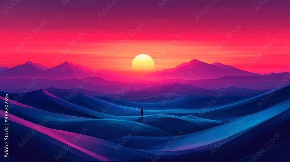Solitary Figure on a Mountain Ridge Against a Colorful Sunset Solitary Figure on a Mountain Ridge Against a Colorful Sunset