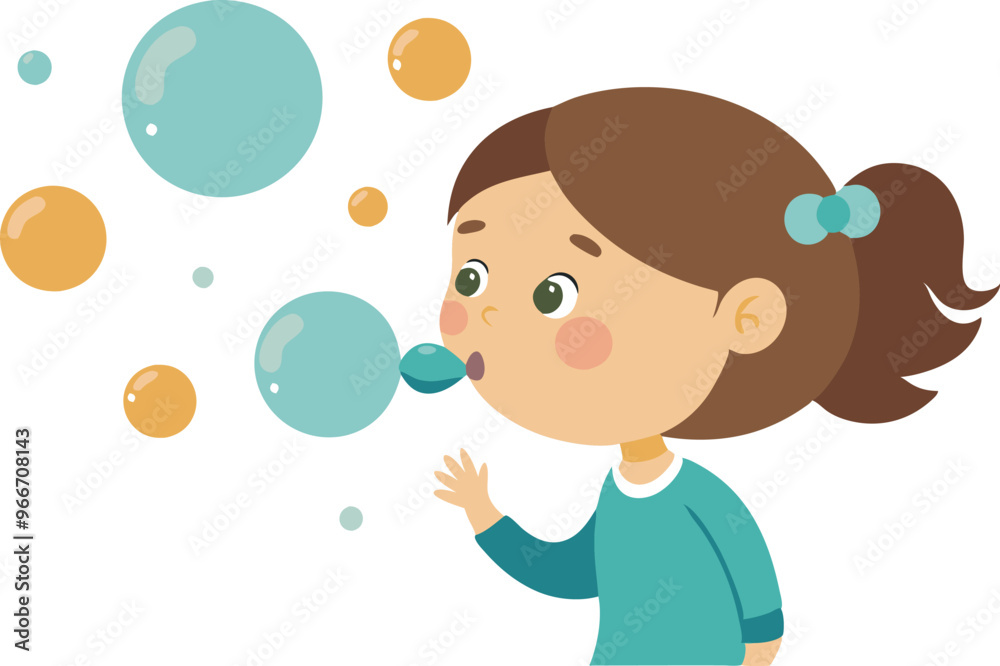 A girl blowing bubbles. The bubbles are blue and yellow A girl blowing bubbles. The bubbles are blue and yellow
