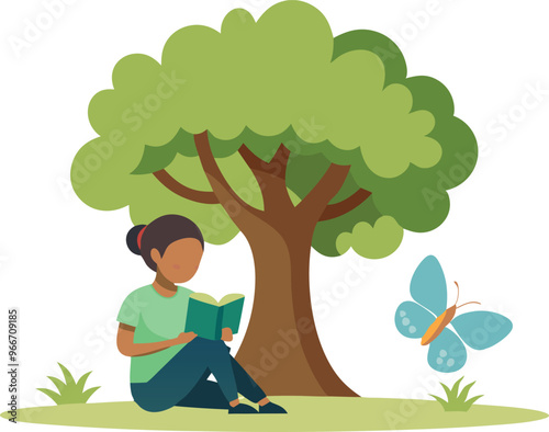 A woman is sitting under a tree reading a book. A butterfly is flying nearby. Concept of relaxation and tranquility, as the woman enjoys her time reading in a peaceful outdoor setting