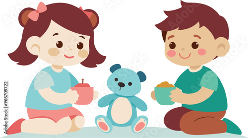 Two children are playing with a teddy bear. One of the children is holding a bowl of food