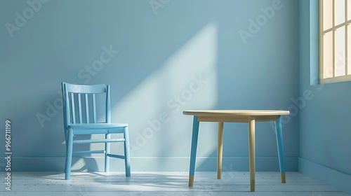 Table and chair in light blue children room for mockup