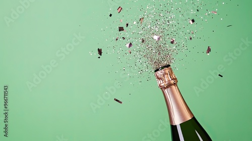 Opened champagne bottle popping with glitter, plain green background. Party or celebration graphics resource