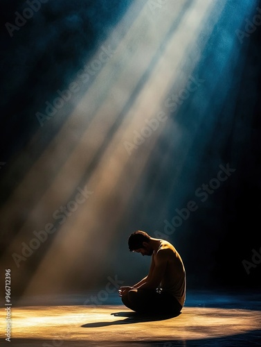 Silhouette man sitting down, head bowed with a spotlight shining down on him. He could be depressed, praying, he could be an actor in a  movie, tv drama or play