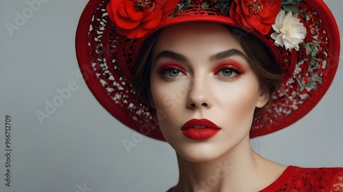 Portrait of beautiful woman in vivid red hat adorned with floral details, with red lips. Elegant sport fan