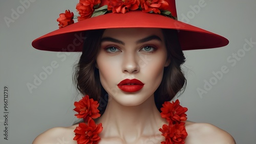 Portrait of beautiful woman in vivid red hat adorned with floral details, with red lips. Elegant sport fan