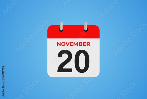 Icon calendar day. 20 November. 20th days of the month, illustration style. Date day of week Sunday, Monday, Tuesday, Wednesday, Thursday, Friday, Saturday.