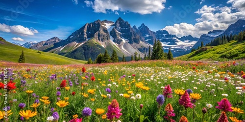 Alpine meadow filled with colorful wildflowers with a stunning mountain backdrop, showcasing a biodiversity hotspot photo