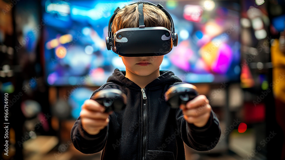 Young gamer immersed in virtual reality: child plays with VR glasses and controllers in hand Young gamer immersed in virtual reality: child plays with VR glasses and controllers in hand