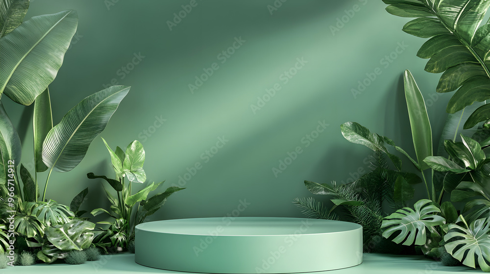 Green podium 3d podium copy space concept. Youth green background with tropical plant decoration. Cosmetic podium abstract field studio display plant backdrop crystal. Green podium 3d podium copy space concept. Youth green background with tropical plant decoration. Cosmetic podium abstract field studio display plant backdrop crystal.