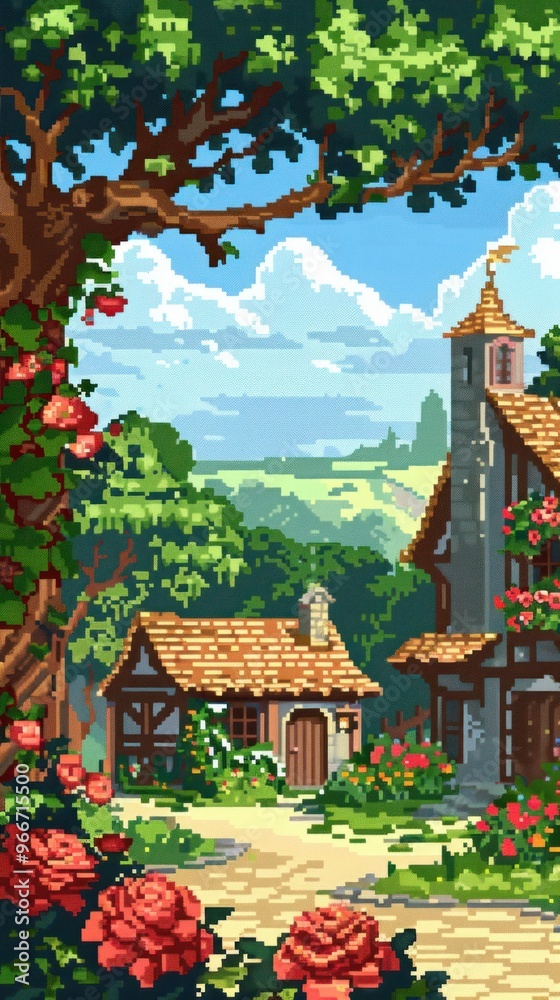 Obraz premium Pixelated Village Landscape with Flower and Cottage.