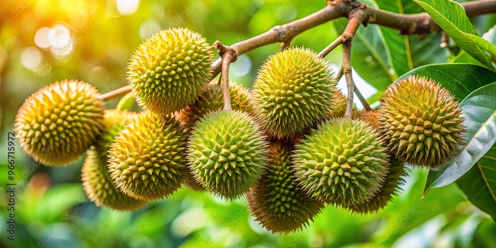 A close-up shot of a cluster of spiky, round fruits on a branch with green leaves A close-up shot of a cluster of spiky, round fruits on a branch with green leaves