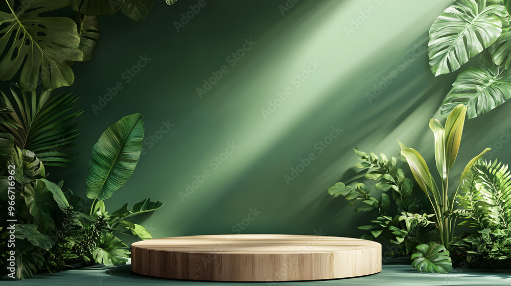 wooden podium 3d podium copy space concept. Youth green background with tropical plant decoration. Cosmetic podium abstract field studio display plant backdrop crystal. wooden podium 3d podium copy space concept. Youth green background with tropical plant decoration. Cosmetic podium abstract field studio display plant backdrop crystal.