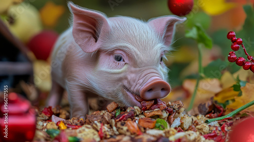 Piglet Happily Munching On A Colorful Mix Of Food Scraps.