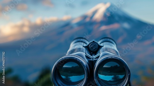 A close-up shot of a pair of binoculars focused on a distant mountain peak. photo