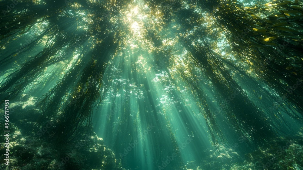 Obraz premium Sunlight Filtering Through Underwater Kelp Forest