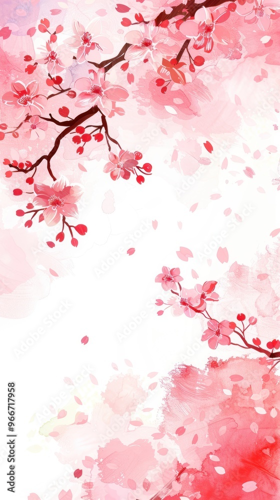 Fototapeta premium Delicate pink cherry blossoms falling on a white background.