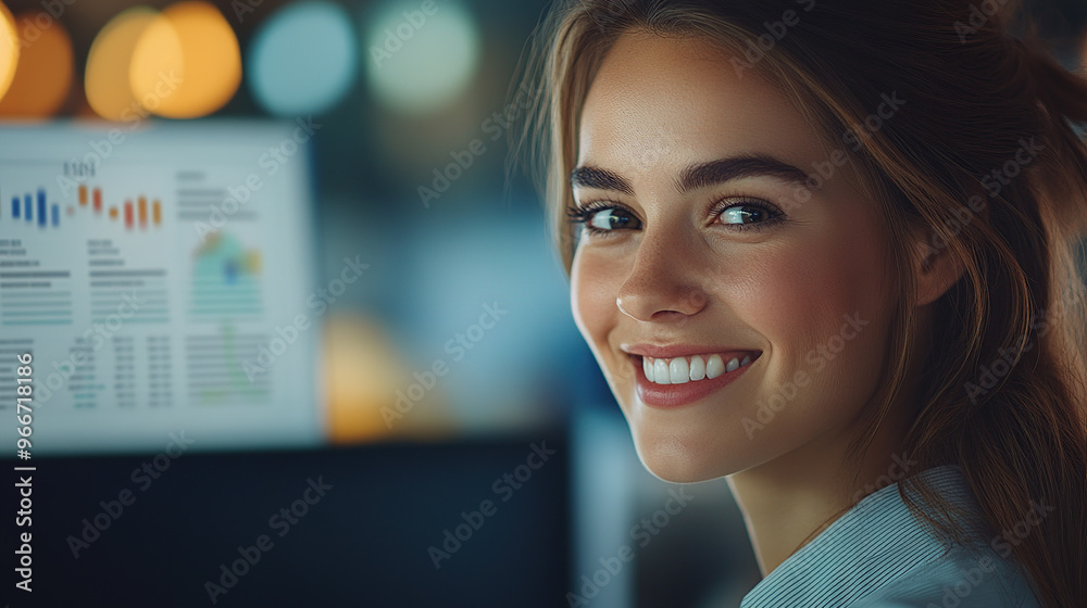 A close-up shot of an attractive female business professional smiling while looking at financial charts on her computer screen A close-up shot of an attractive female business professional smiling while looking at financial charts on her computer screen