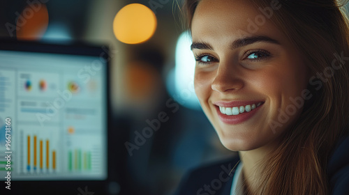 Free Download A close-up shot of an attractive female business professional smiling while looking at financial charts on her computer screen - GFXLoad
