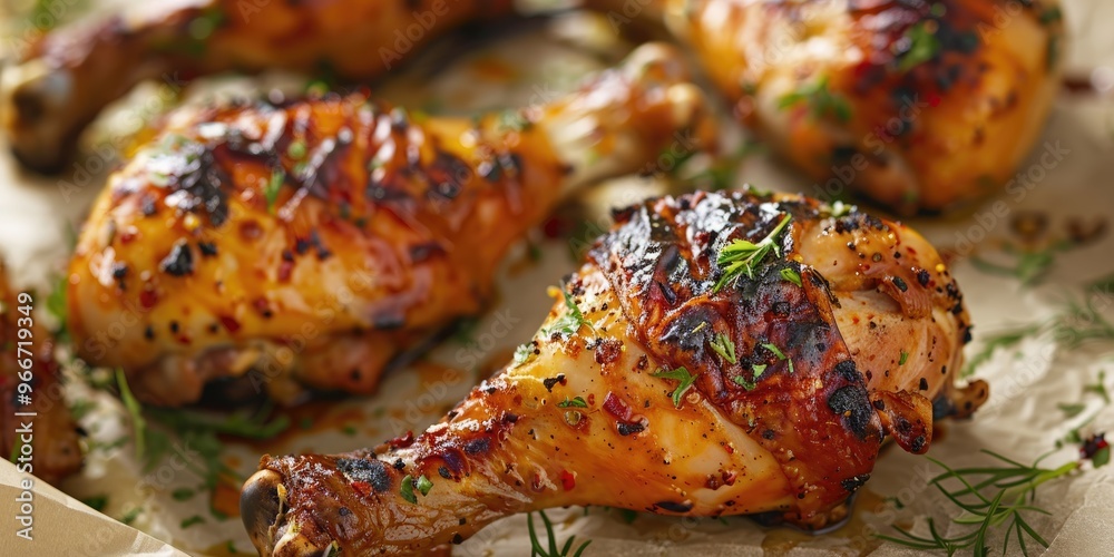 Close-up view of grilled chicken legs on baking paper Close-up view of grilled chicken legs on baking paper