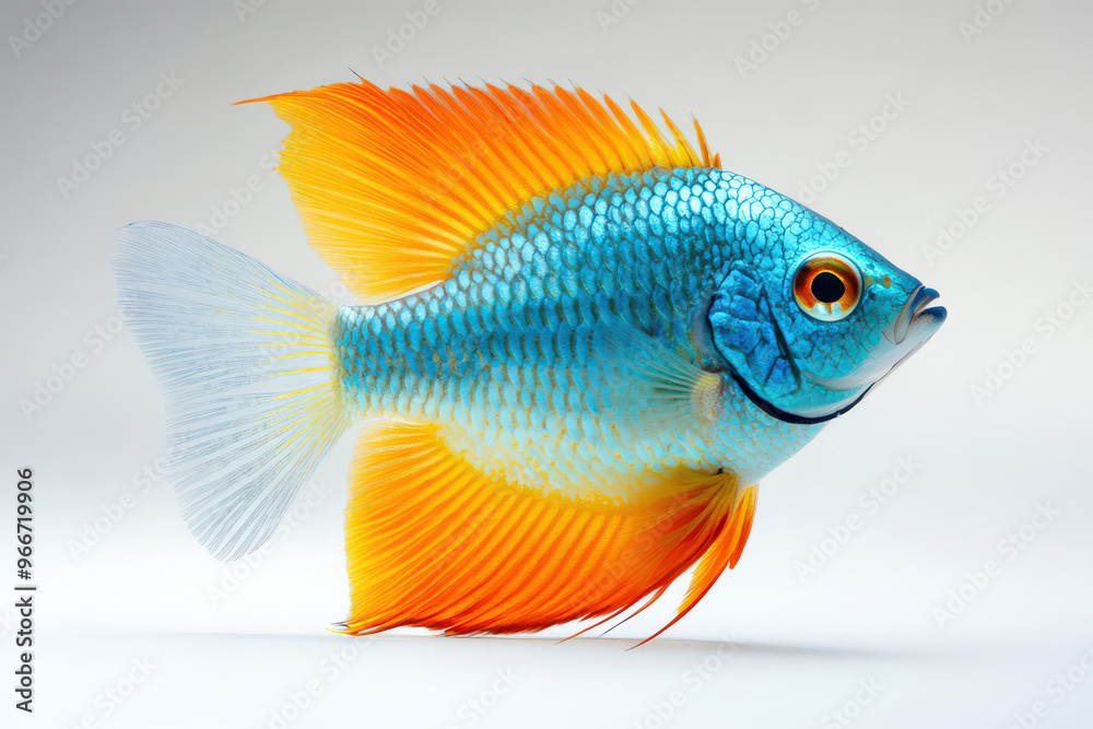 Fototapeta premium Blue and Orange Fish with Fin Isolated on White Background
