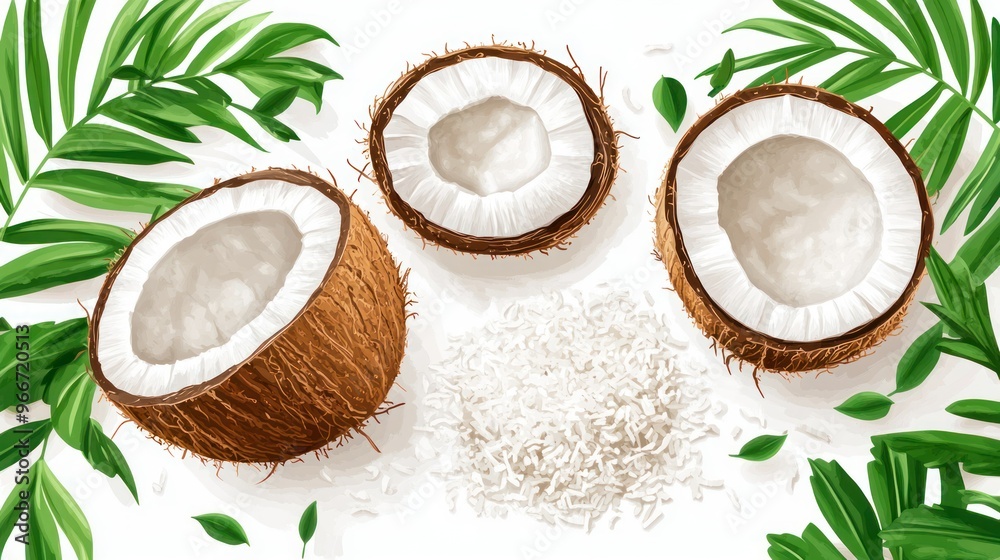 A coconut sits on a white surface with some powder and a leaf A coconut sits on a white surface with some powder and a leaf