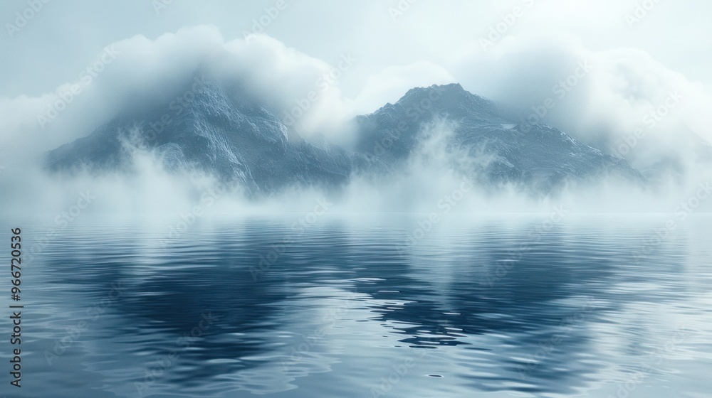 Fototapeta premium Misty mountain peaks reflected in a tranquil lake, creating a serene and ethereal scene.